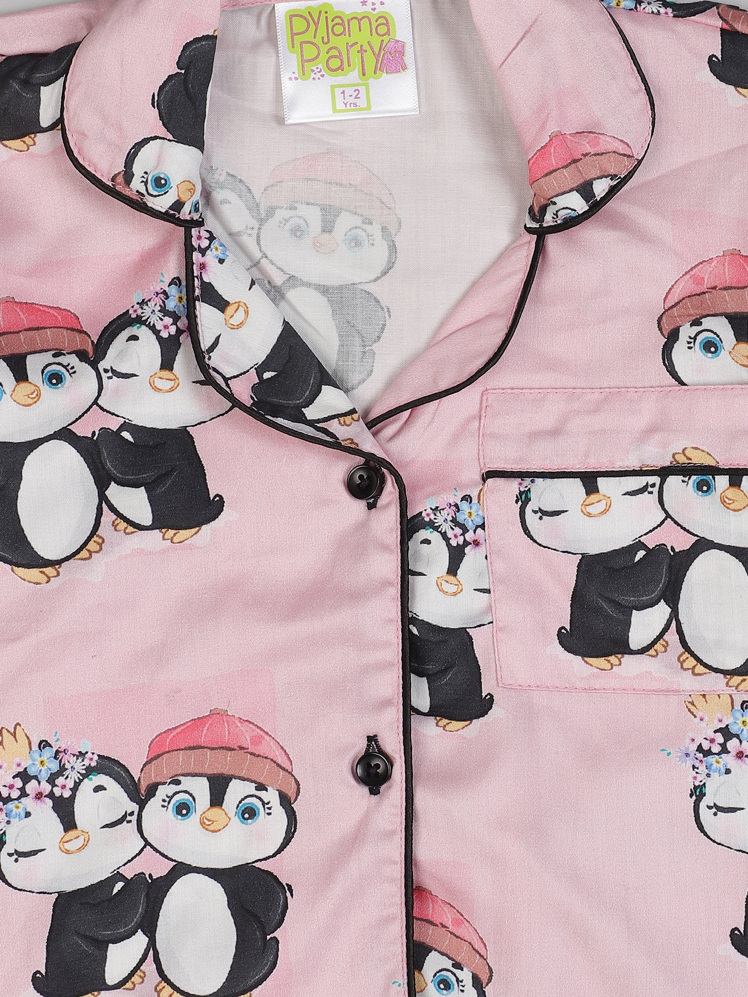 Pink Penguins Kids Button Down Pj Set - Pure Cotton Pj Set with Notched Collar
