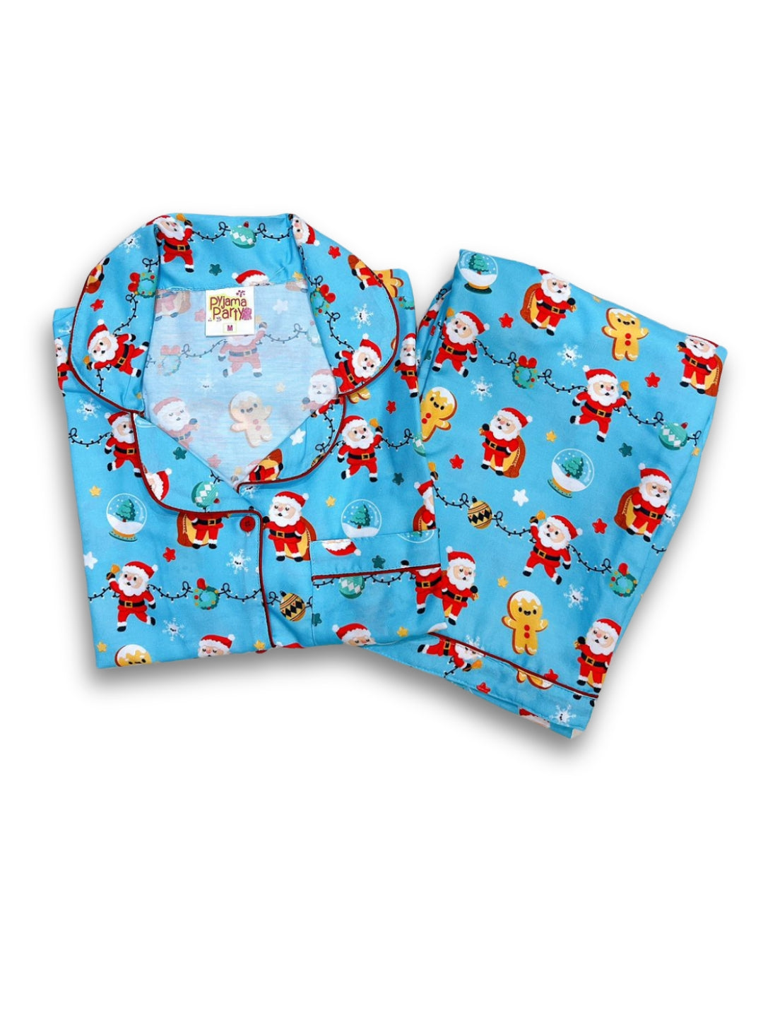 Secret Santa Button Down Pj Set - Cotton Rayon Pj Set with Notched Collar