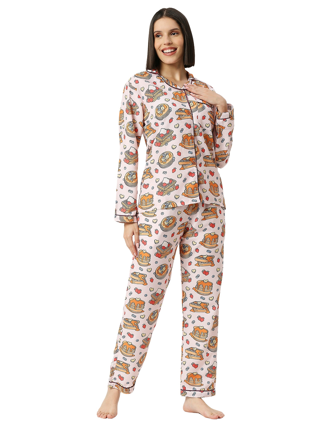 Waffles & Pancakes Button Down Pj Set - Cotton Rayon Pj Set with Notched Collar