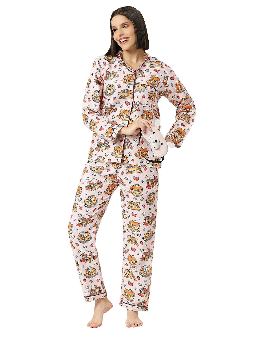 Waffles & Pancakes Button Down Pj Set - Cotton Rayon Pj Set with Notched Collar