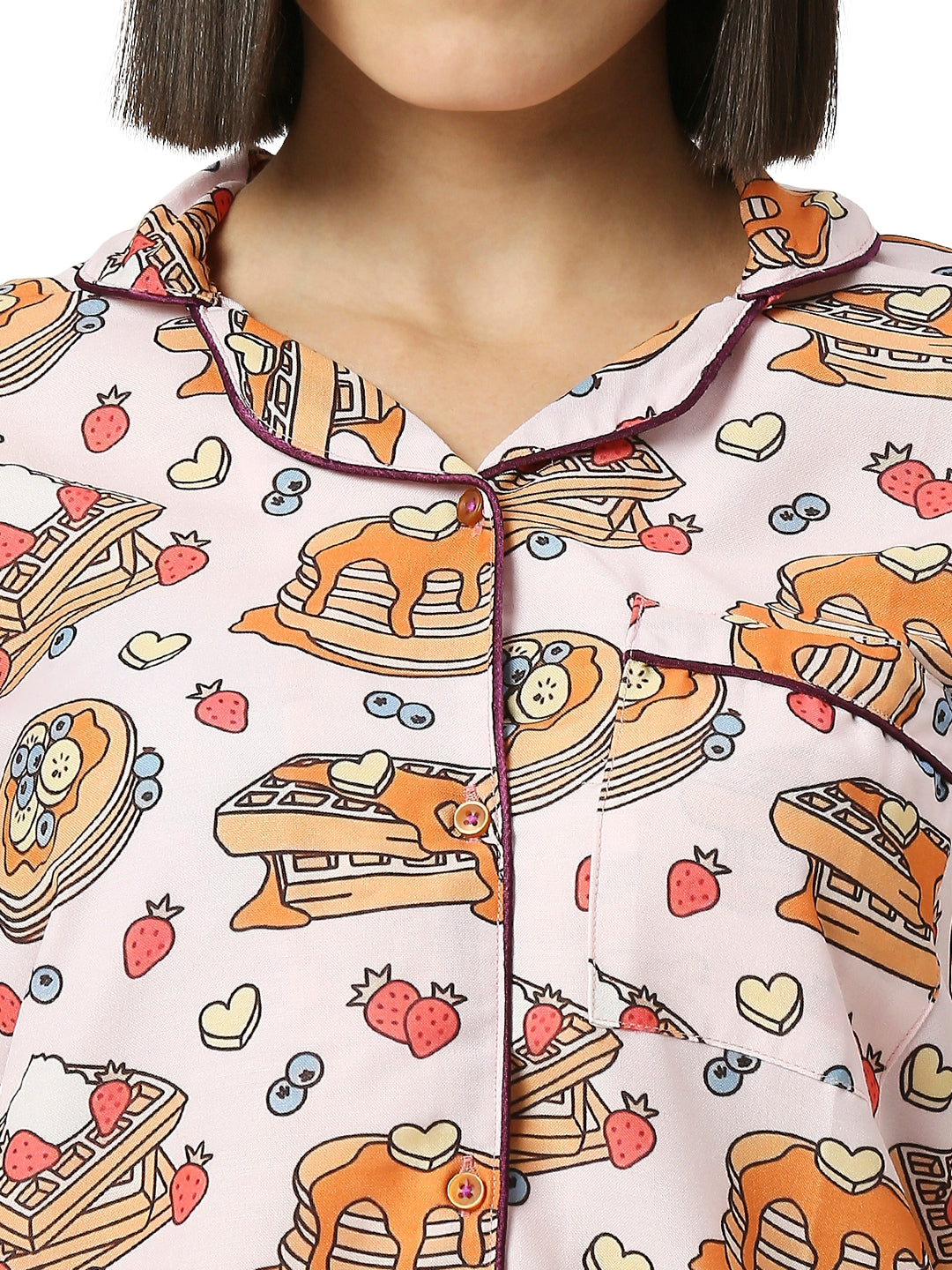 Waffles & Pancakes Button Down Pj Set - Cotton Rayon Pj Set with Notched Collar
