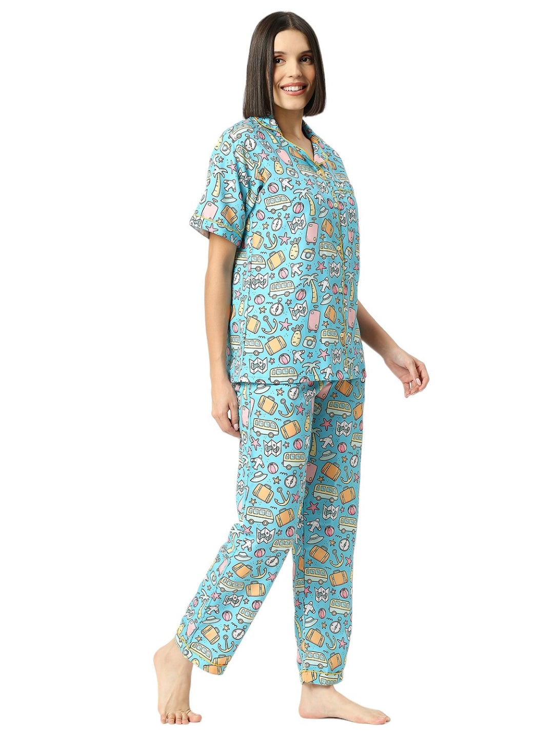 Wanderlust Button Down Pj Set - Cotton Rayon Pj Set with Notched Collar