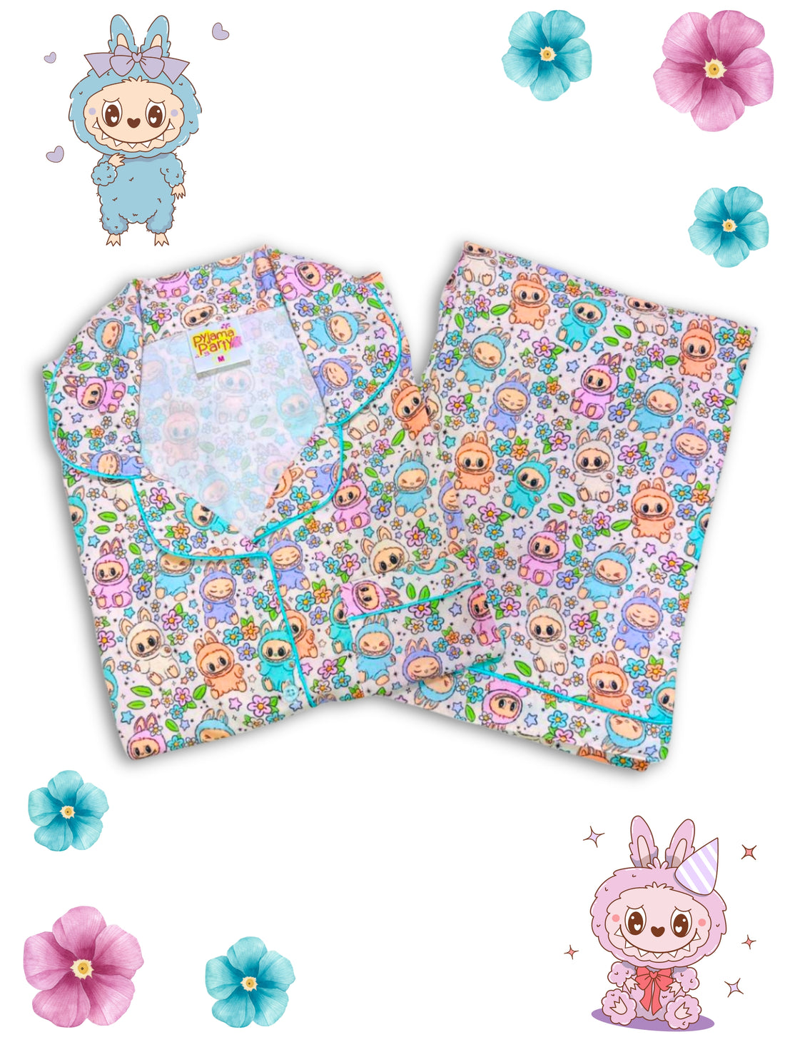 White Labubu Kids Pj Set - Cotton Rayon Pj Set with Notched Collar