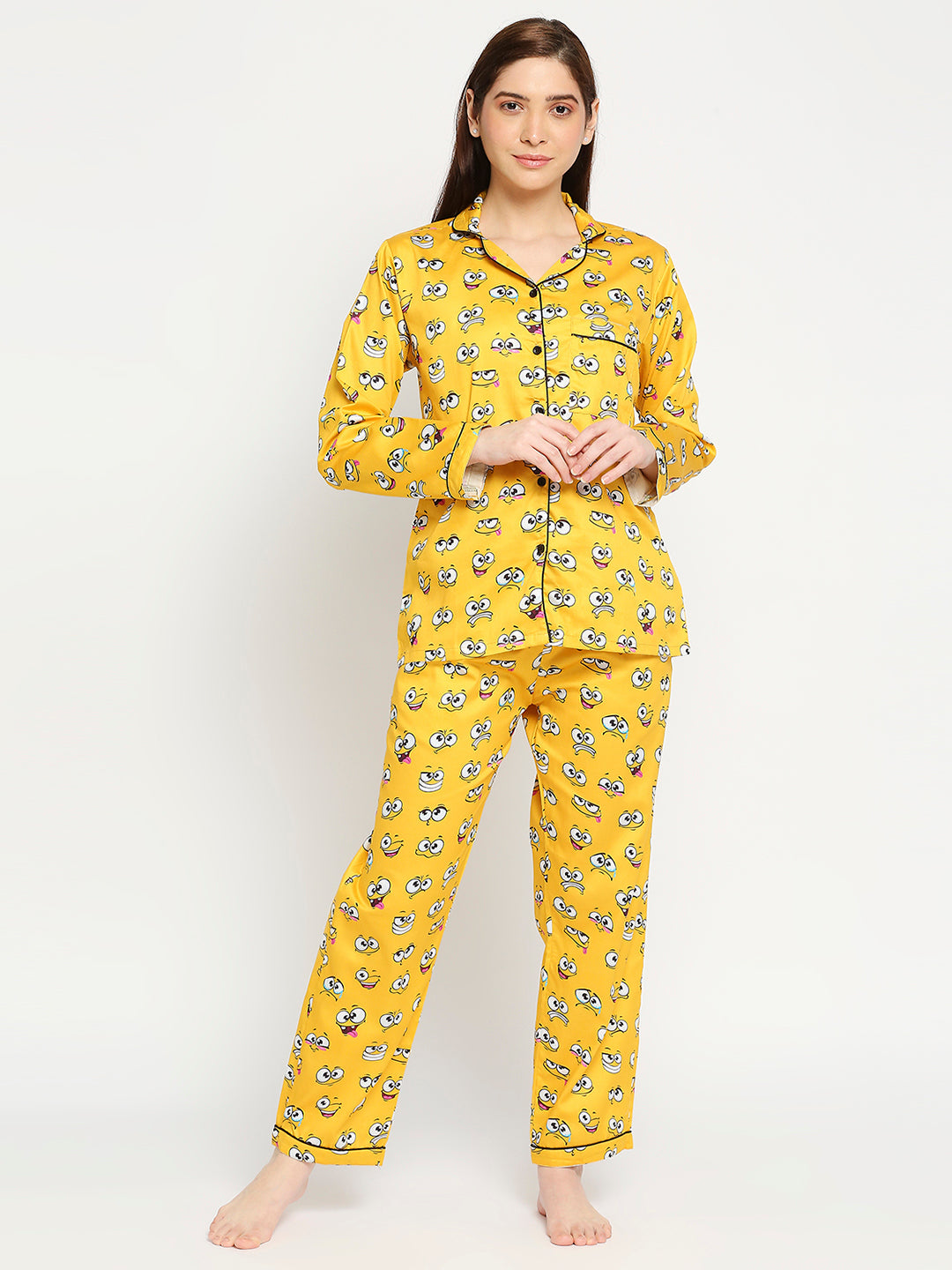 Smiley Button Down Pj Set - Pure Cotton Pj Set with Notched Collar