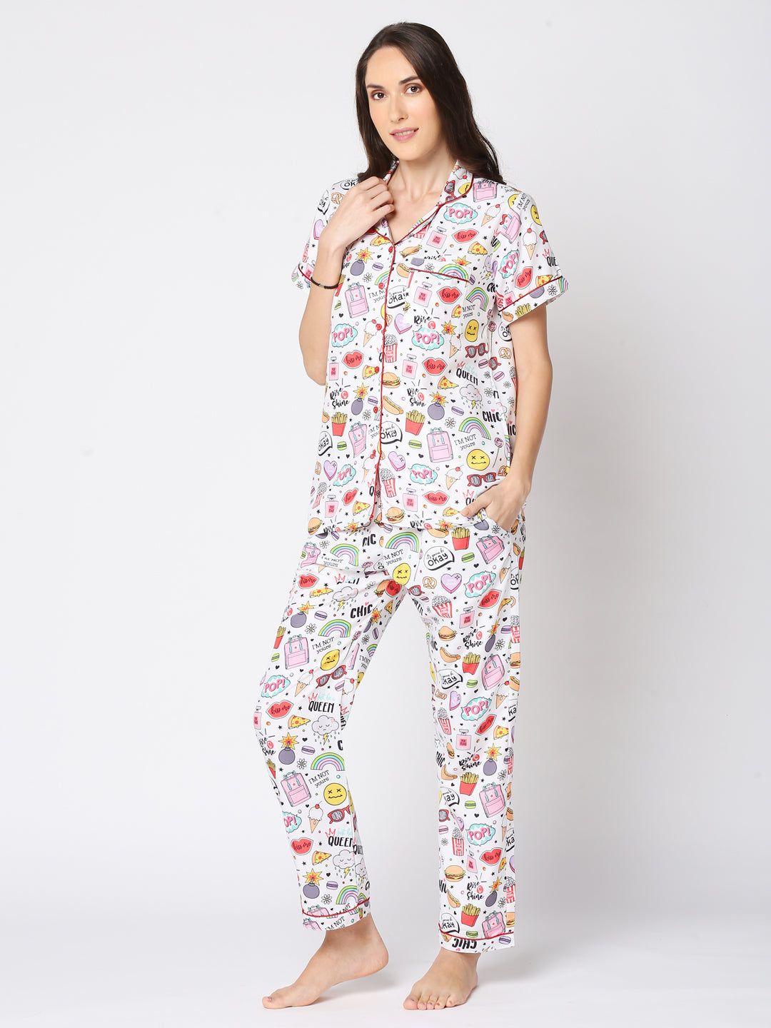 Pop Button Down Pj Set - Cotton Rayon Pj Set with Notched Collar