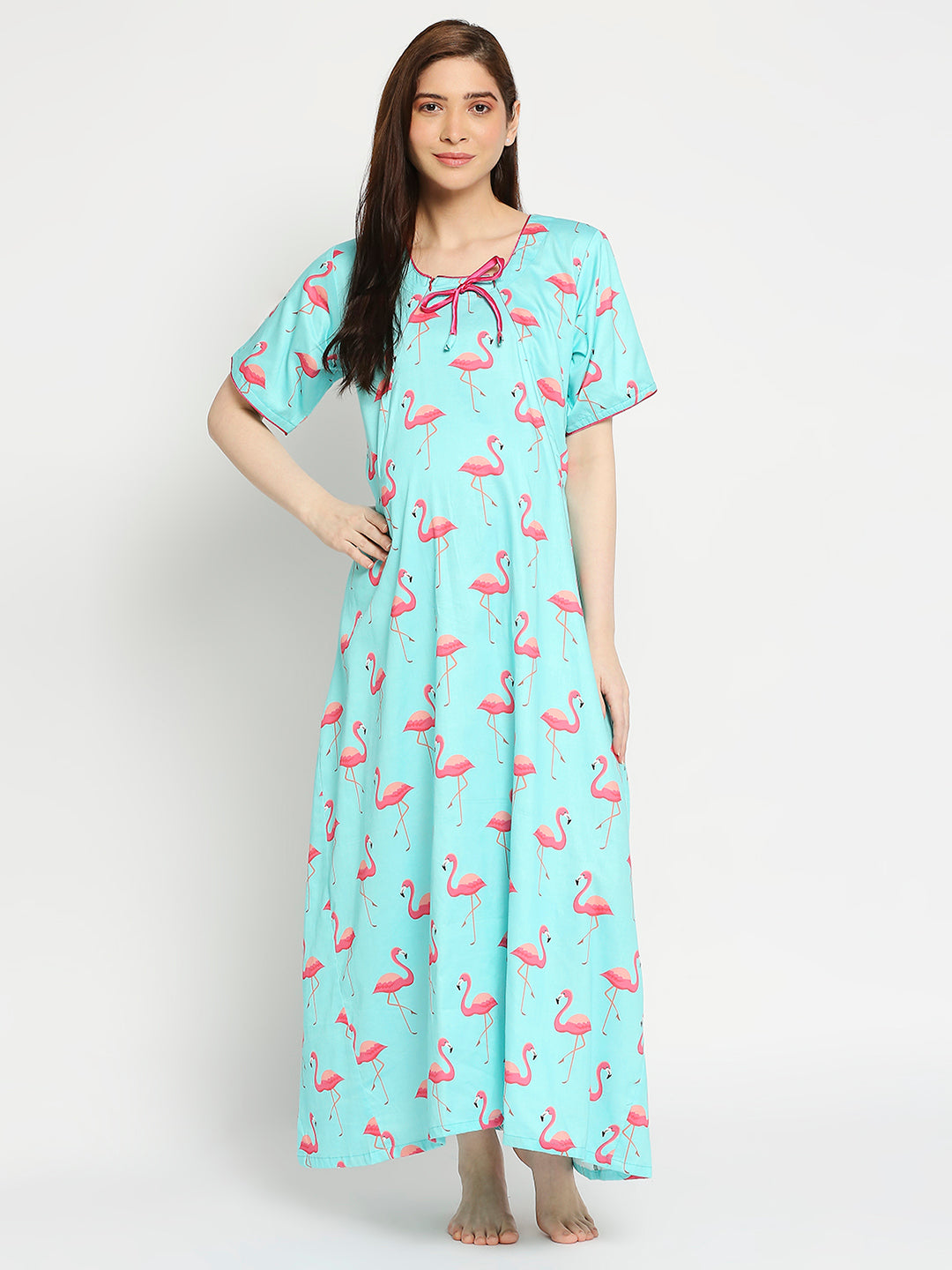 Pink Flamingo Maternity Gown - Pure Cotton Round Neck Gown with 2 Invisible Zips for Feeding