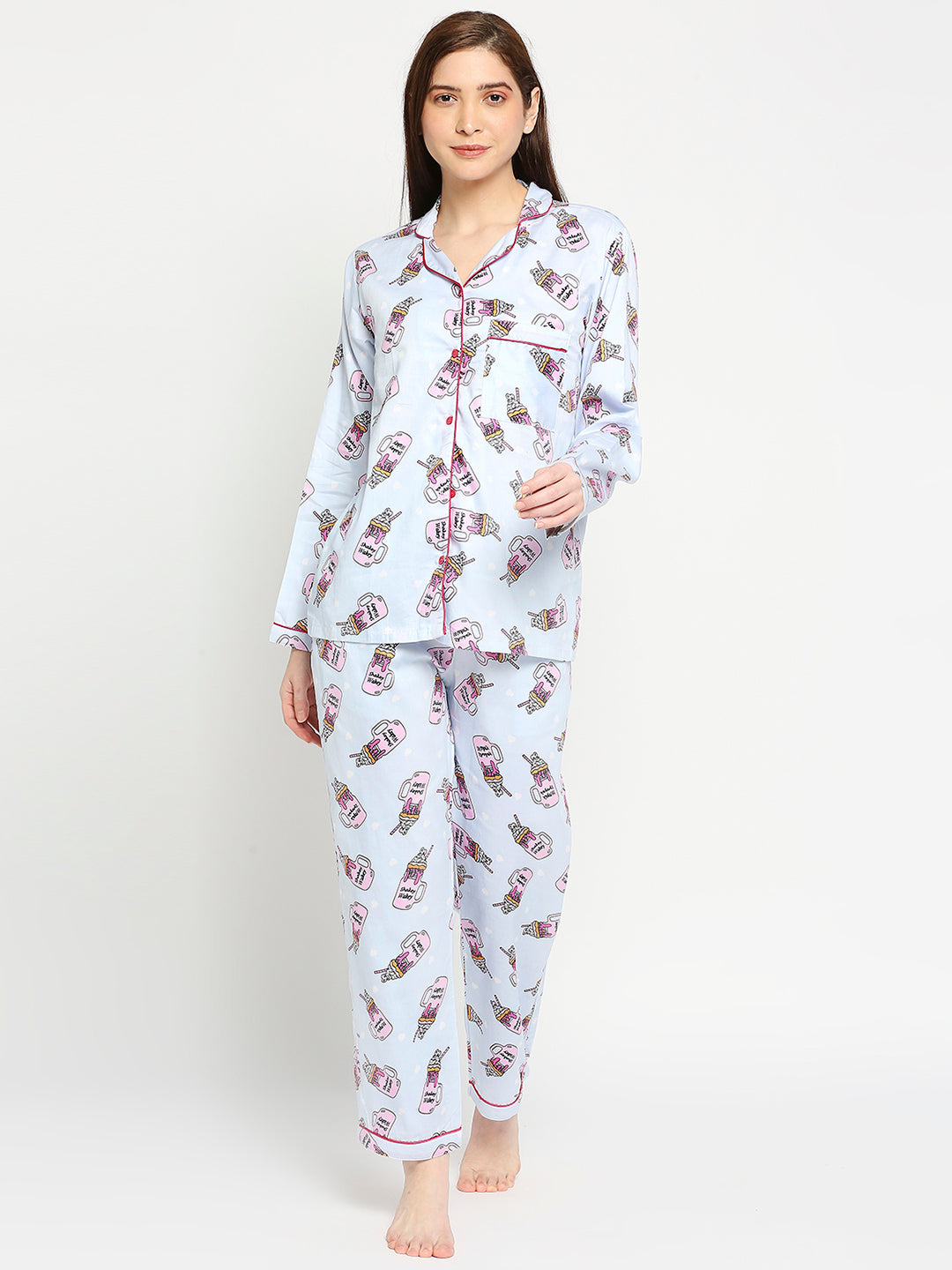 Shakey Wakey Button Down Pj Set - Pure Cotton Pj Set with Notched Collar