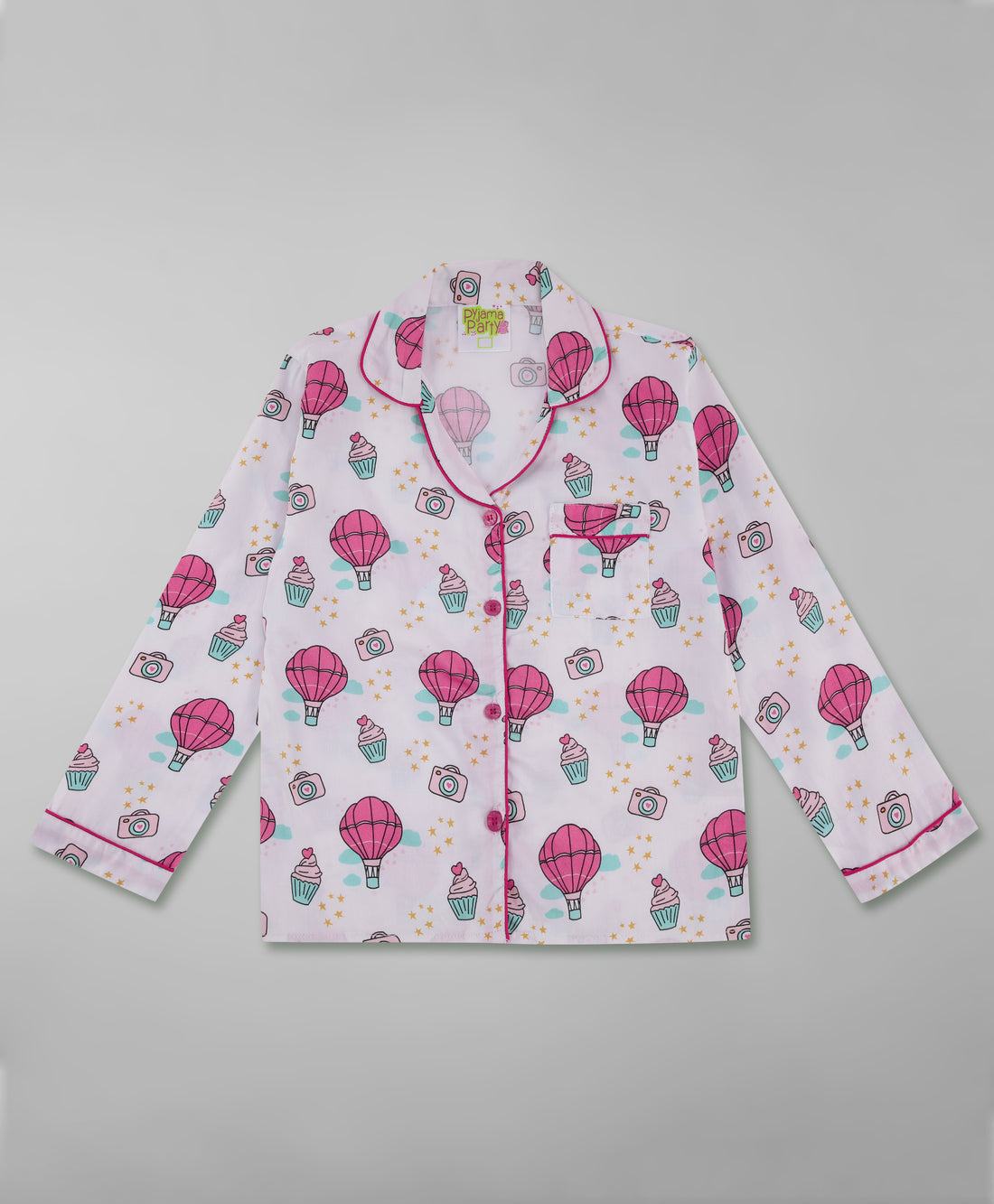 Parachutes & Camera Kids Button Down Pj Set - Pure Cotton Pj Set with Notched Collar