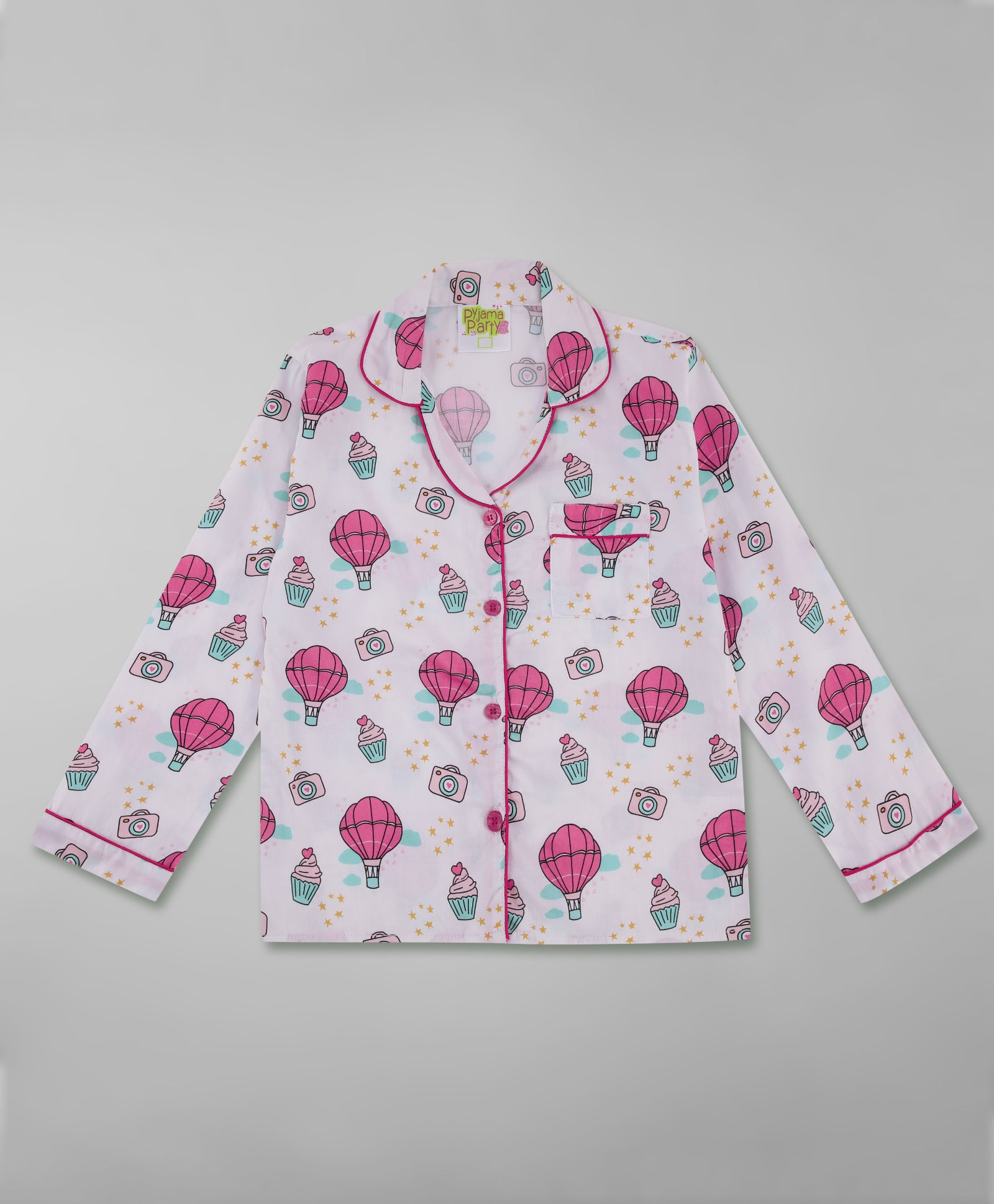 Parachutes & Camera Kids Button Down Pj Set - Pure Cotton Pj Set with Notched Collar