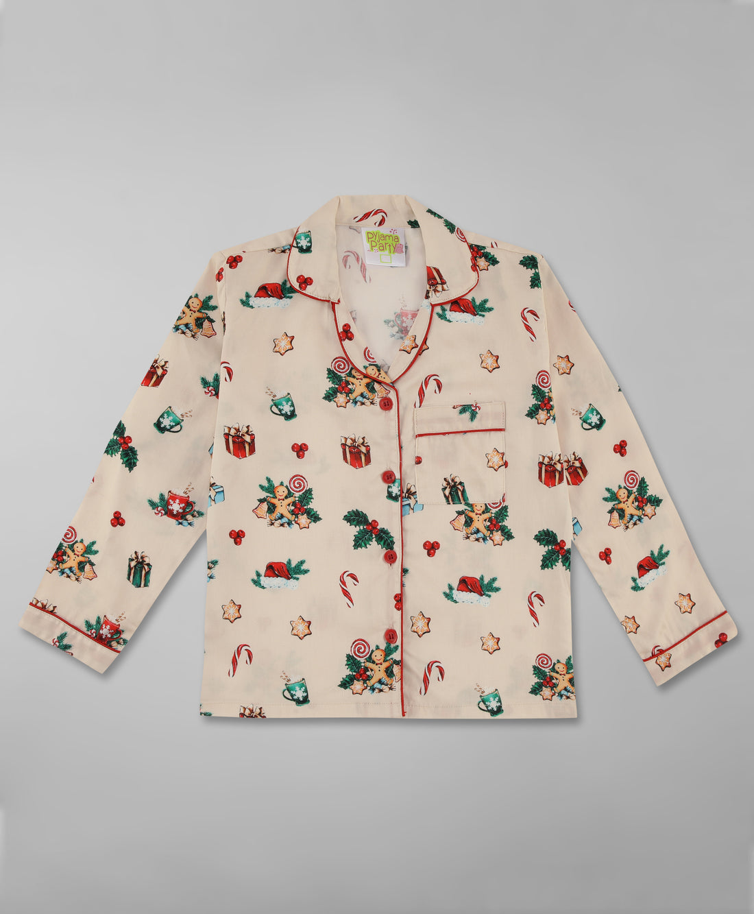 Christmas Cheers Kids Button Down Pj Set - Pure Cotton Pj Set with Notched Collar