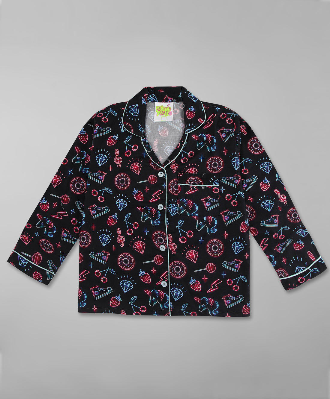 Neon Party Kids Button Down Pj Set - Pure Cotton Pj Set with Notched Collar