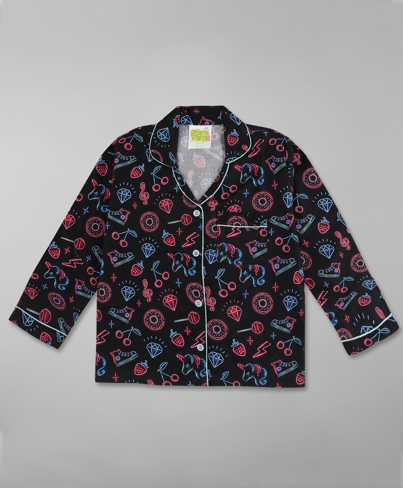 Neon Party Kids Button Down Pj Set - Pure Cotton Pj Set with Notched Collar