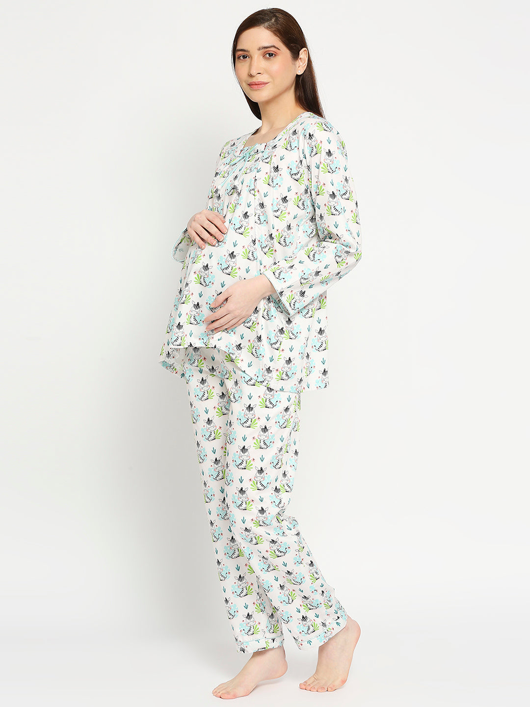 Baby Zee Maternity Pj Set - Pure Cotton Pj Set in Round Neck with 2 Invisible Zips for Feeding