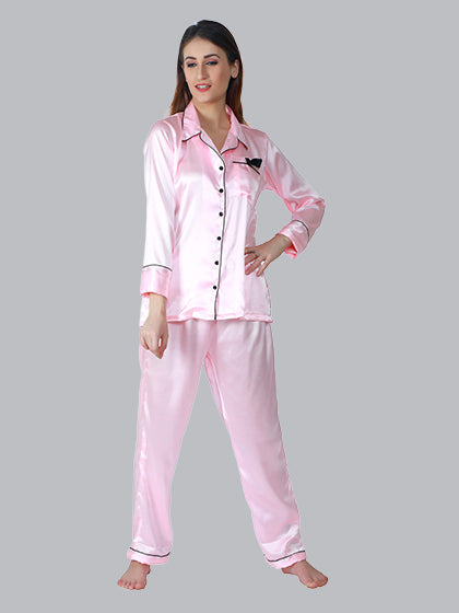 Solid Color Satin Pj Set - Classic Satin Pj Set in Button Down Style