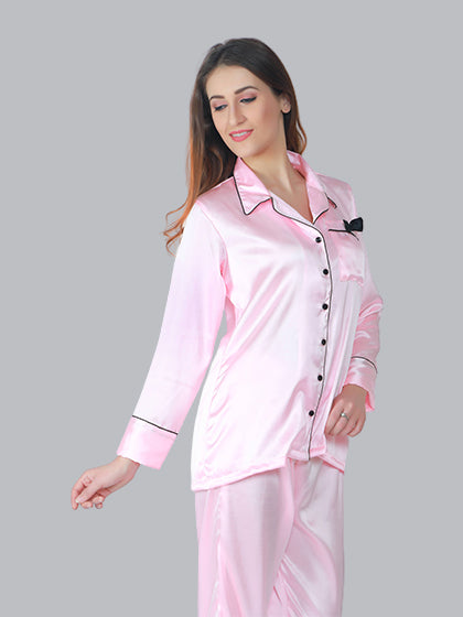 Solid Color Satin Pj Set - Classic Satin Pj Set in Button Down Style