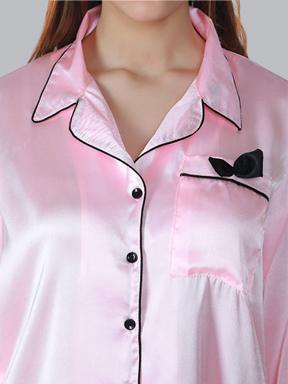 Solid Color Satin Pj Set - Classic Satin Pj Set in Button Down Style