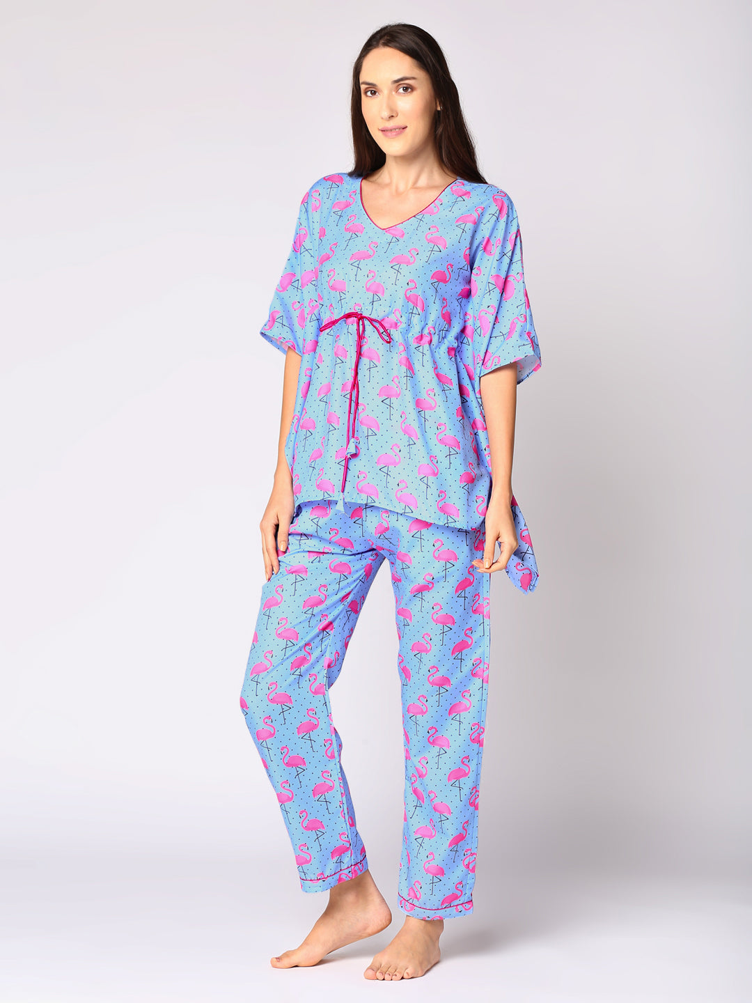 Flamingo & Dots Kaftan Pj Set - Cotton Rayon Pj Set in Kaftan Style