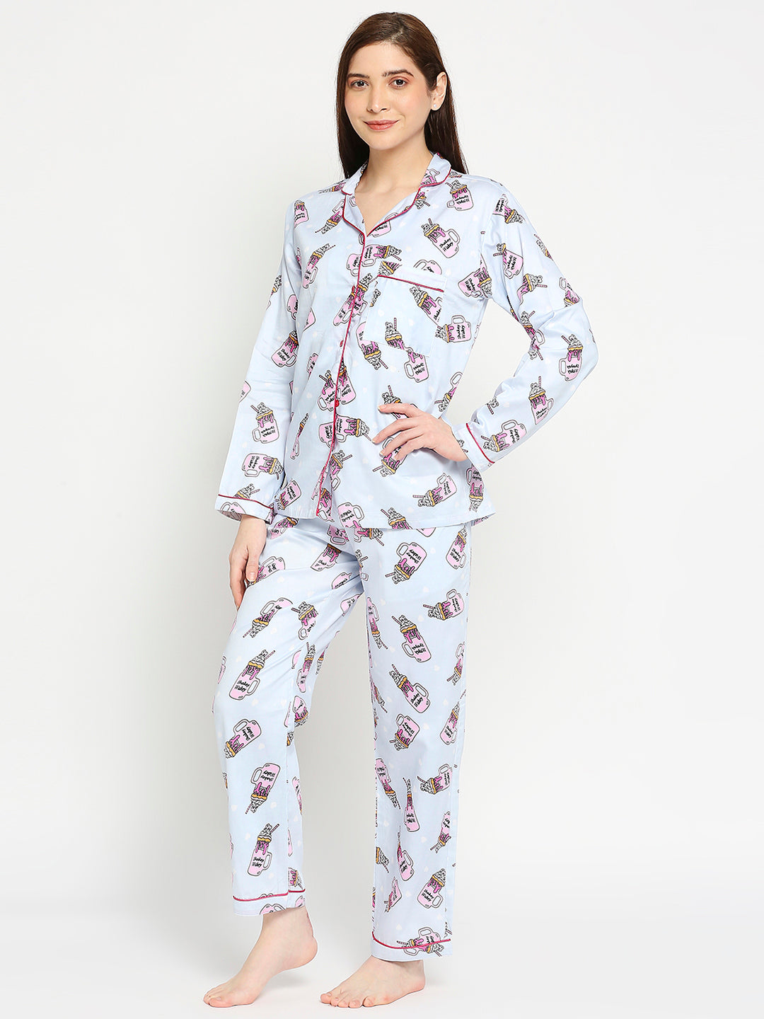 Shakey Wakey Button Down Pj Set - Pure Cotton Pj Set with Notched Collar