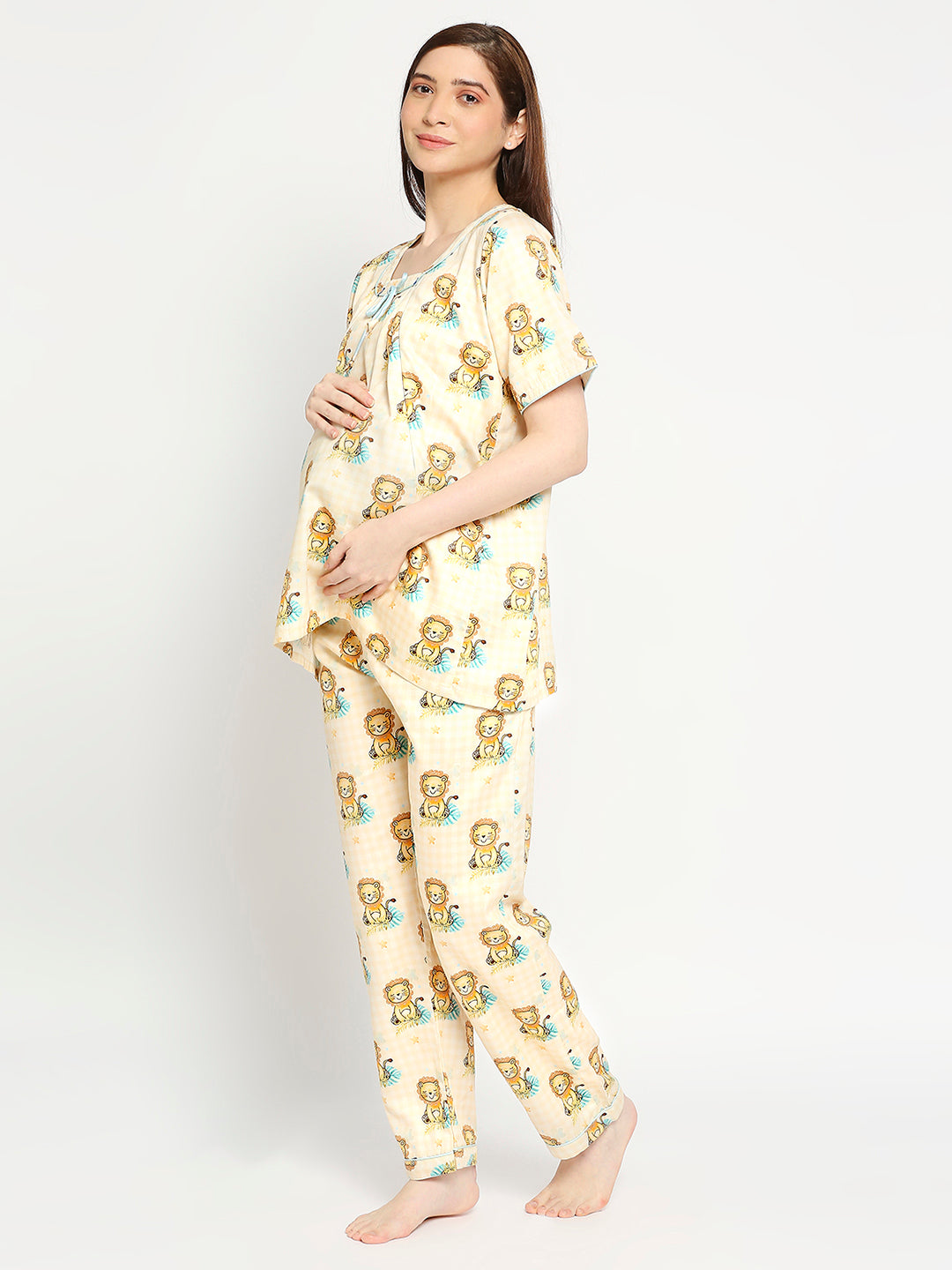 Little Lion Maternity Pj Set - Pure Cotton Pj Set in Round Neck with 2 Invisible Zips for Feeding