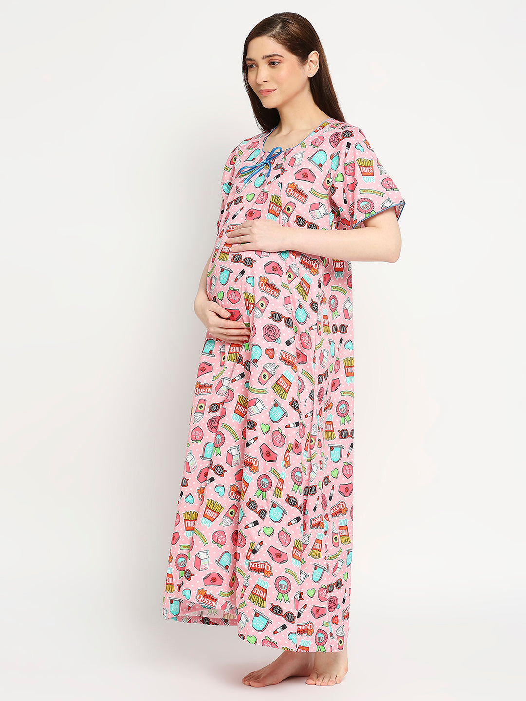 Feminist Maternity Gown - Pure Cotton Round Neck Gown with 2 Invisible Zips for Feeding