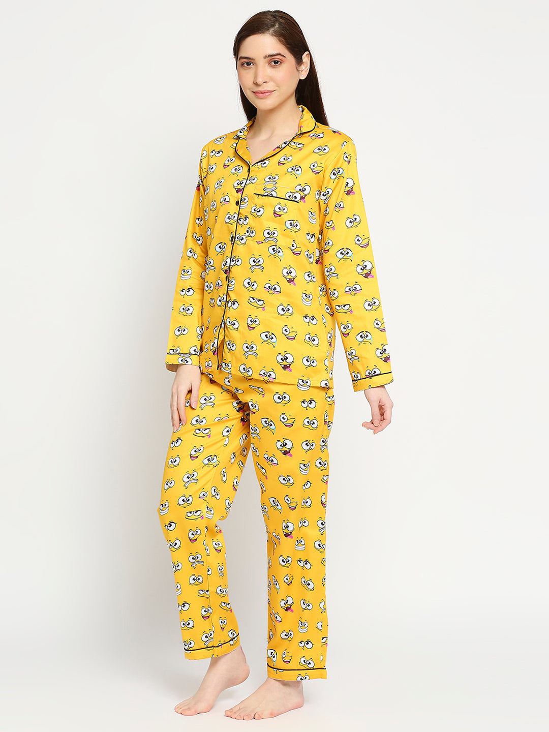 Smiley Button Down Pj Set - Pure Cotton Pj Set with Notched Collar