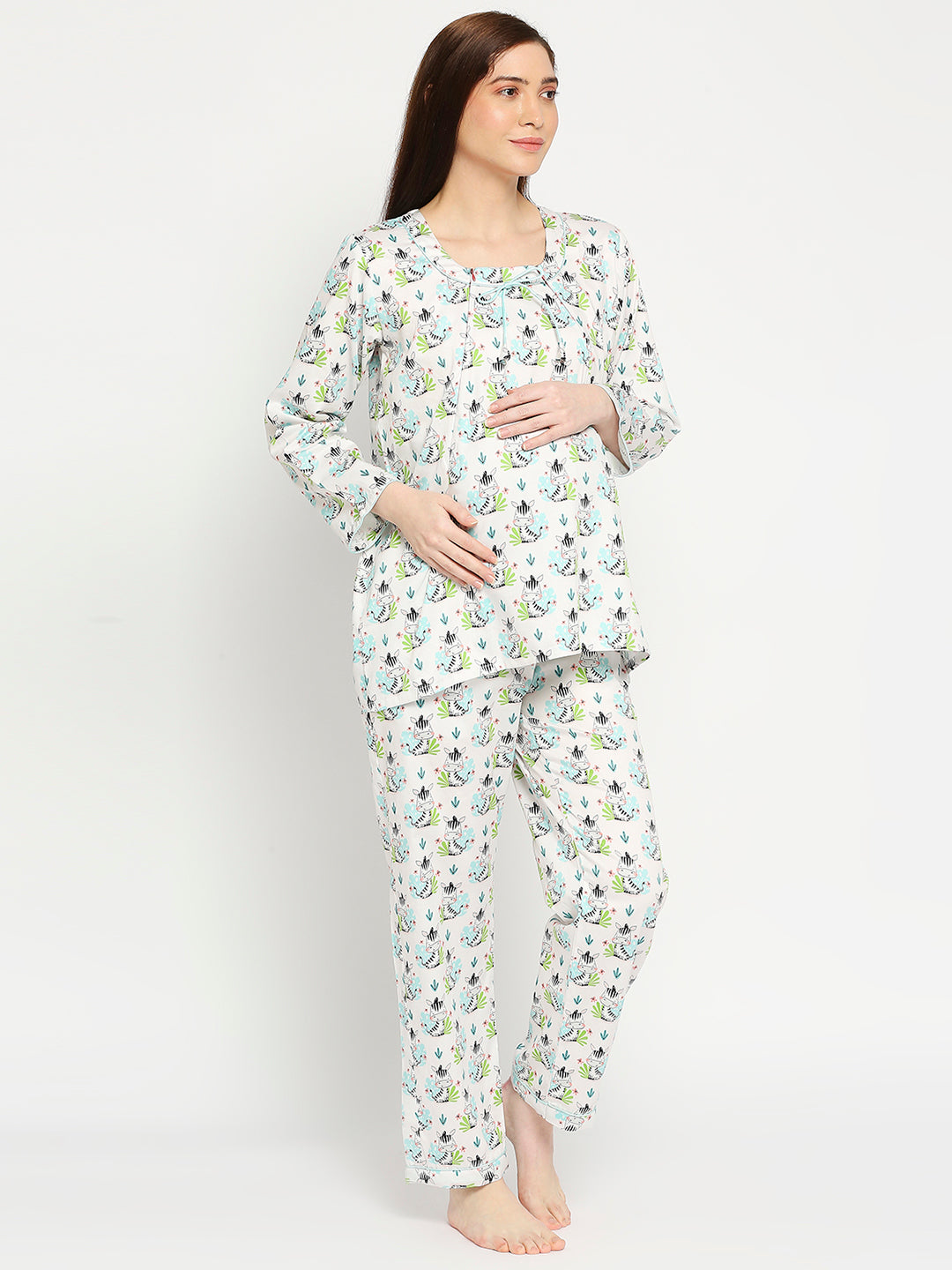 Baby Zee Maternity Pj Set - Pure Cotton Pj Set in Round Neck with 2 Invisible Zips for Feeding