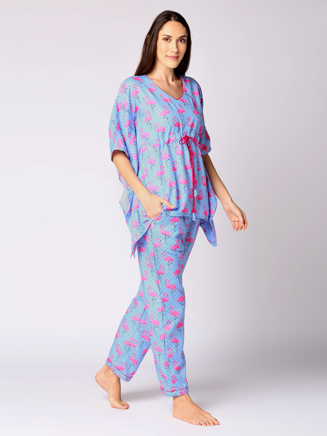Flamingo & Dots Kaftan Pj Set - Cotton Rayon Pj Set in Kaftan Style