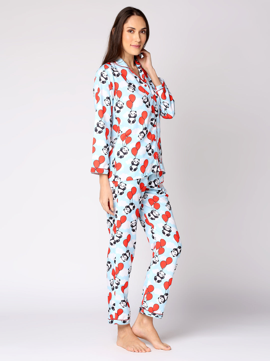 Happy Panda Button Down Pj Set - Cotton Rayon Pj Set with Notched Collar