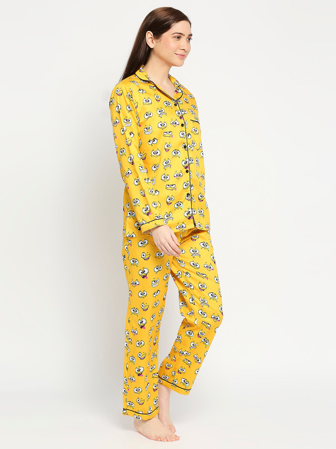Smiley Button Down Pj Set - Pure Cotton Pj Set with Notched Collar