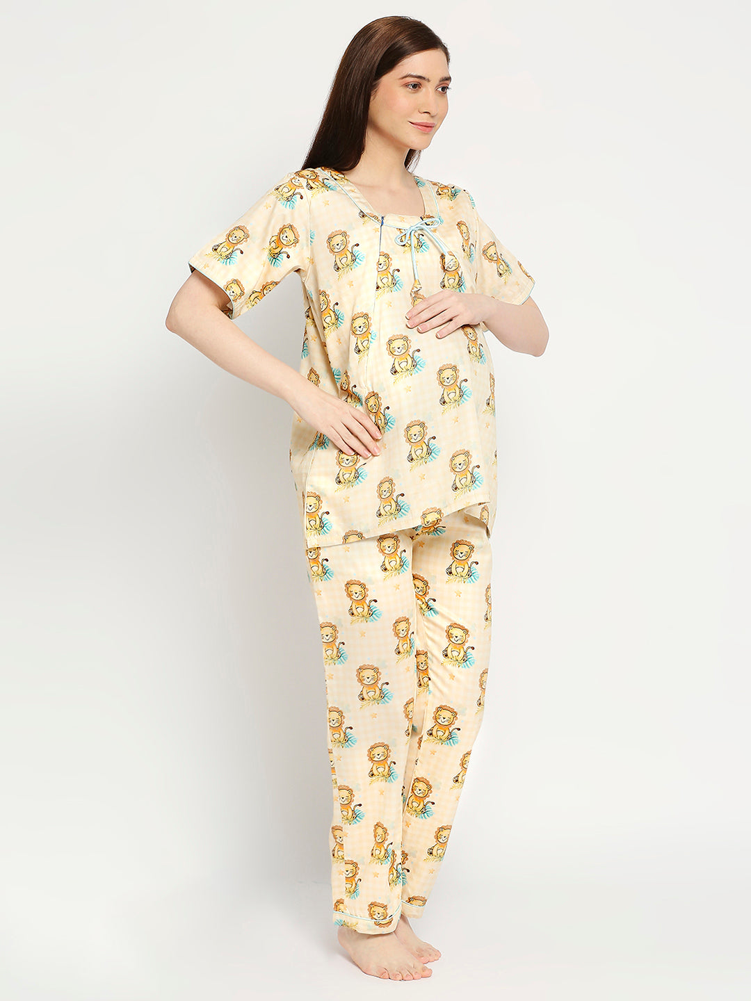 Little Lion Maternity Pj Set - Pure Cotton Pj Set in Round Neck with 2 Invisible Zips for Feeding
