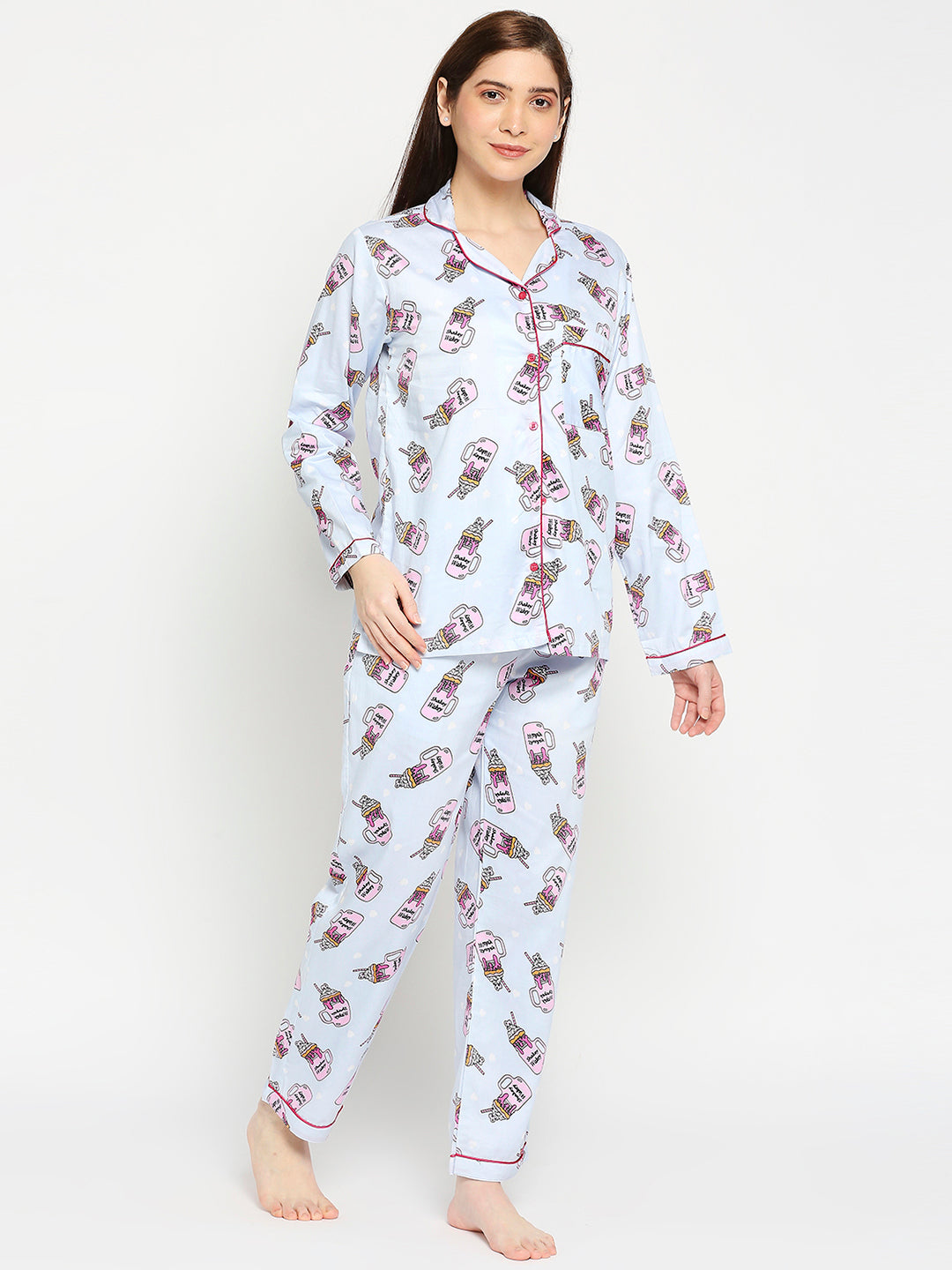Shakey Wakey Button Down Pj Set - Pure Cotton Pj Set with Notched Collar