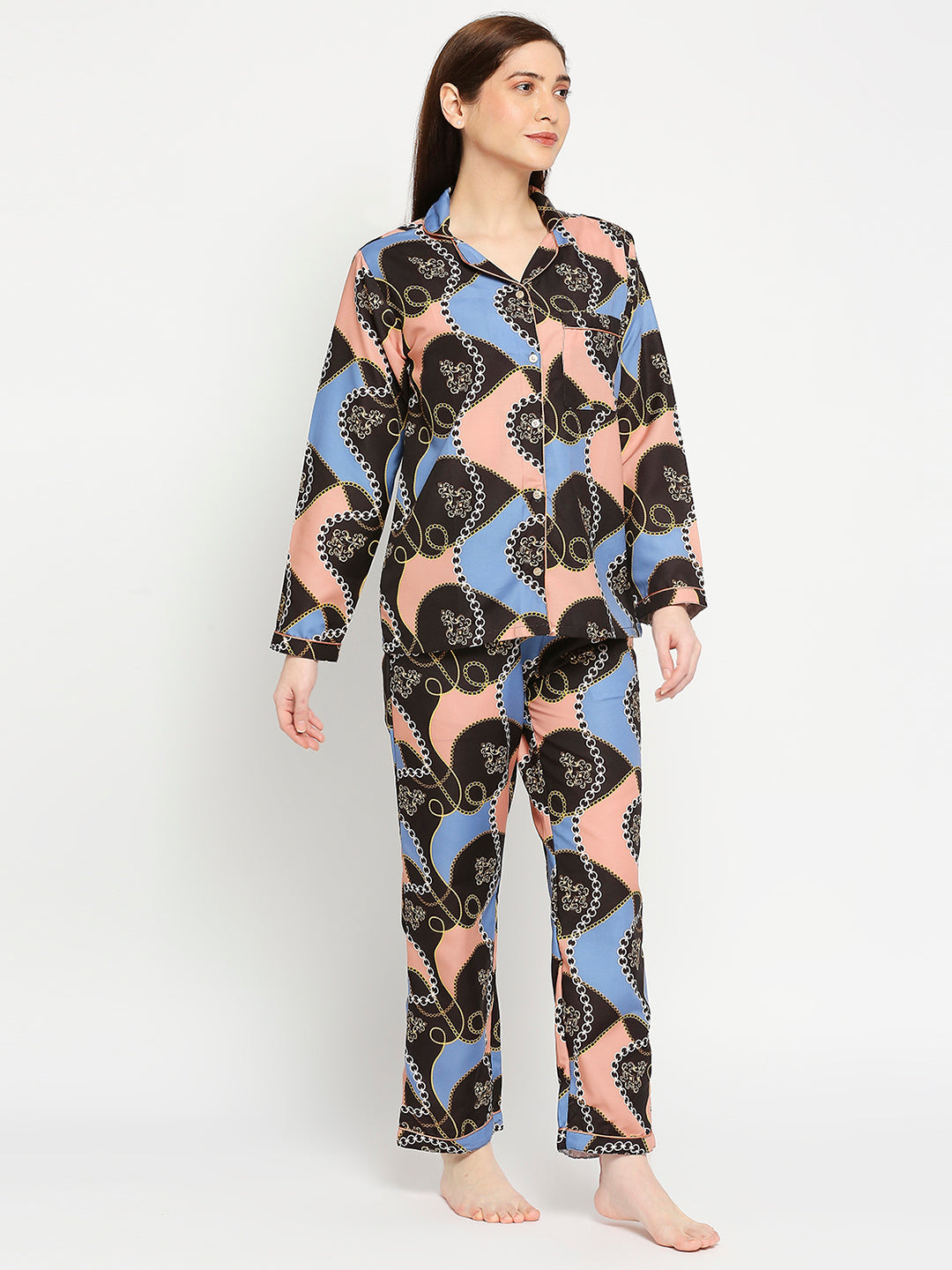 Gold Baroque Button Down Pj Set - Cotton Rayon Pj Set with Notched Collar