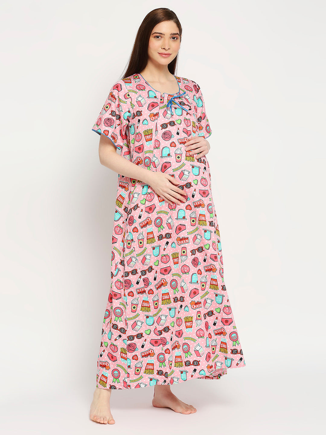 Feminist Maternity Gown - Pure Cotton Round Neck Gown with 2 Invisible Zips for Feeding