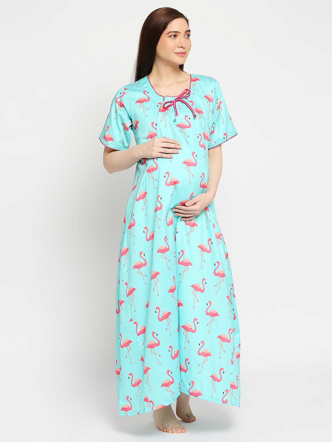 Pink Flamingo Maternity Gown - Pure Cotton Round Neck Gown with 2 Invisible Zips for Feeding