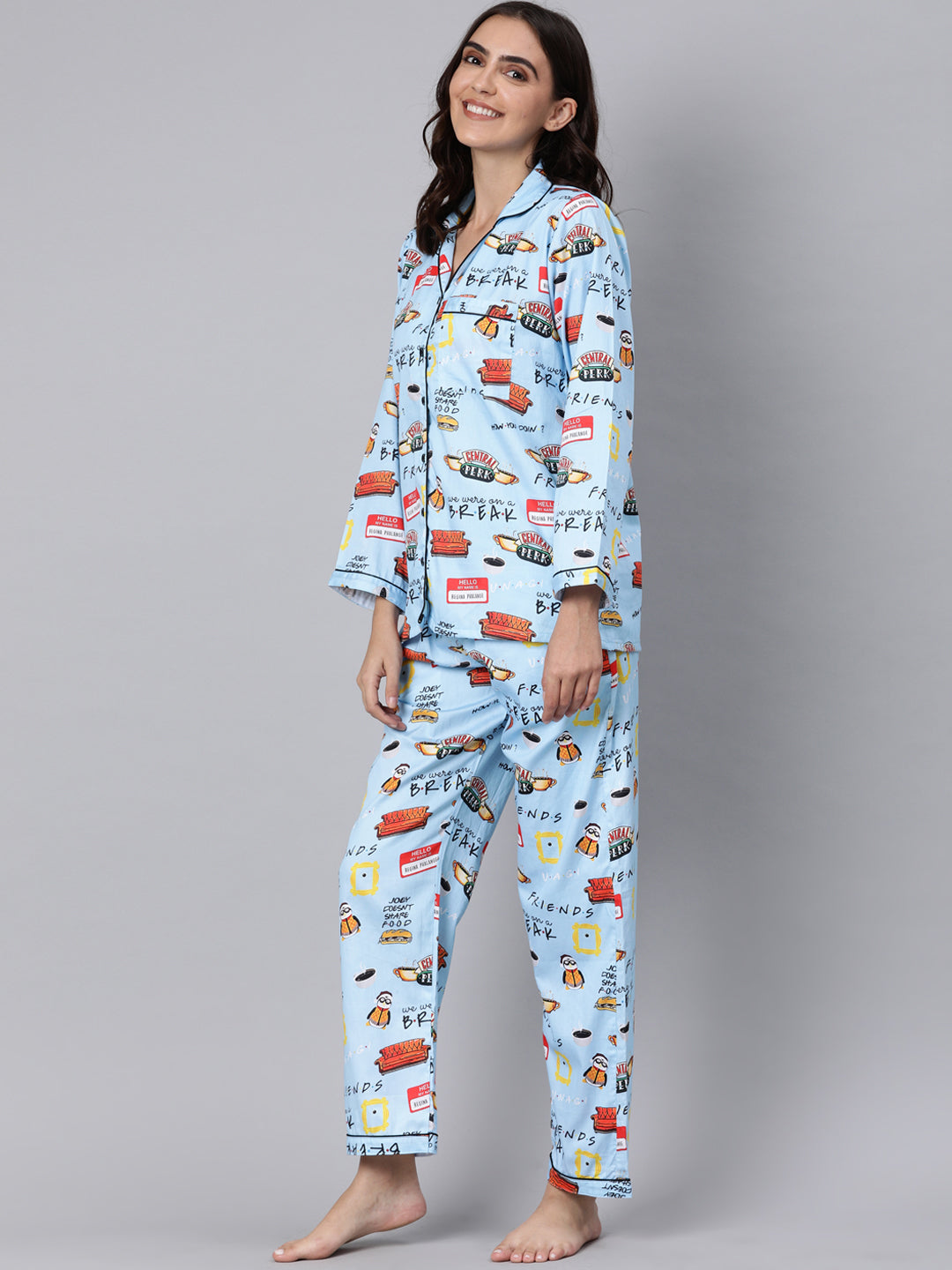 Friends Button Down Pj Set - Pure Cotton Pj Set with Notched Collar