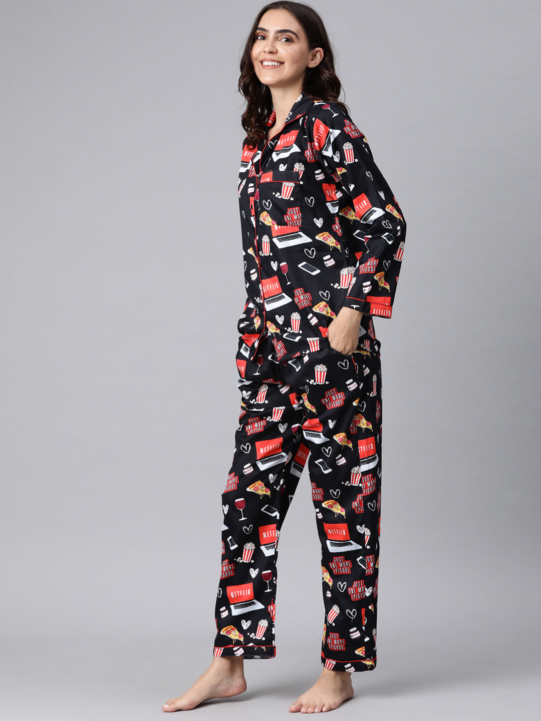 Netflix & Chill Button Down Pj Set - Pure Cotton Pj Set with Notched Collar