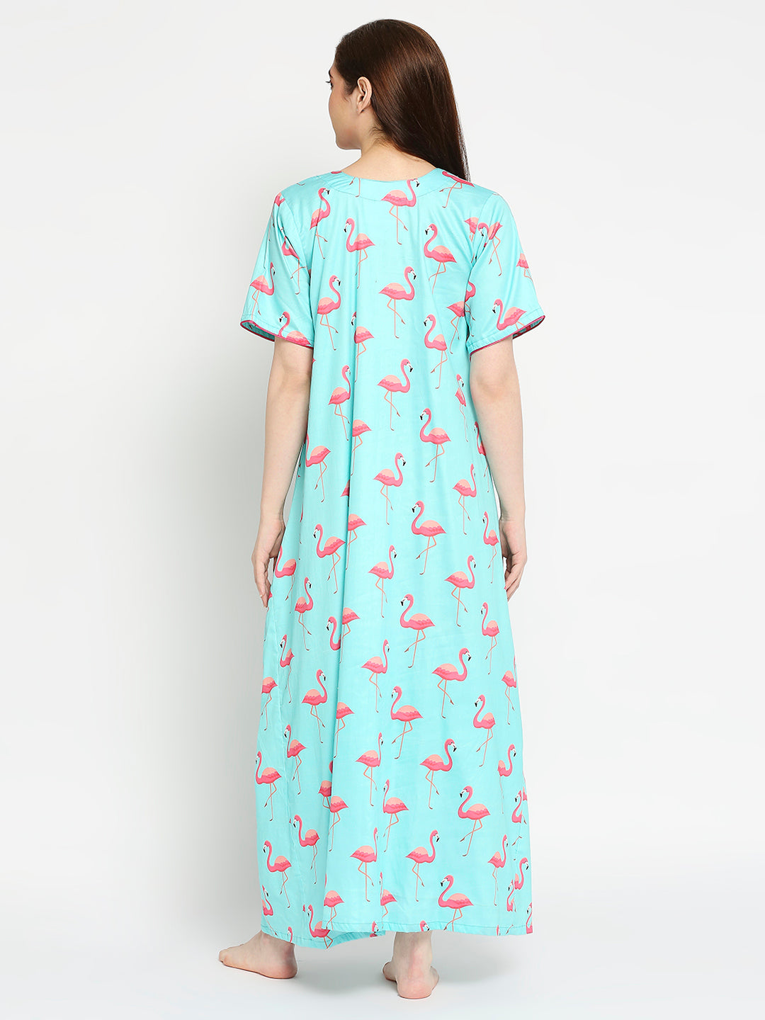 Pink Flamingo Maternity Gown - Pure Cotton Round Neck Gown with 2 Invisible Zips for Feeding