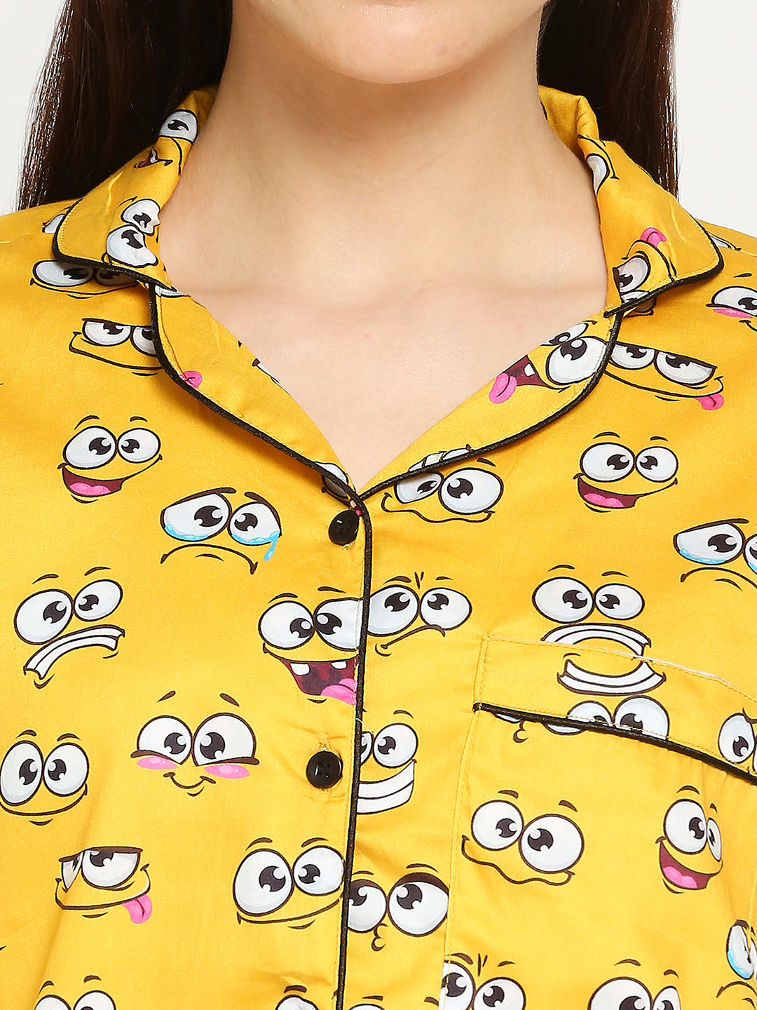 Smiley Button Down Pj Set - Pure Cotton Pj Set with Notched Collar