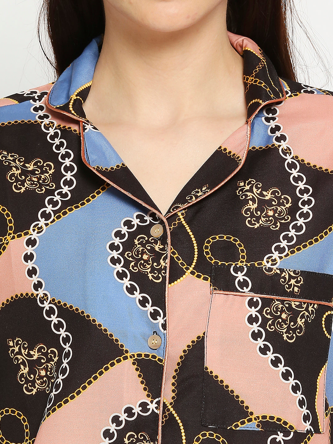 Gold Baroque Button Down Pj Set - Cotton Rayon Pj Set with Notched Collar