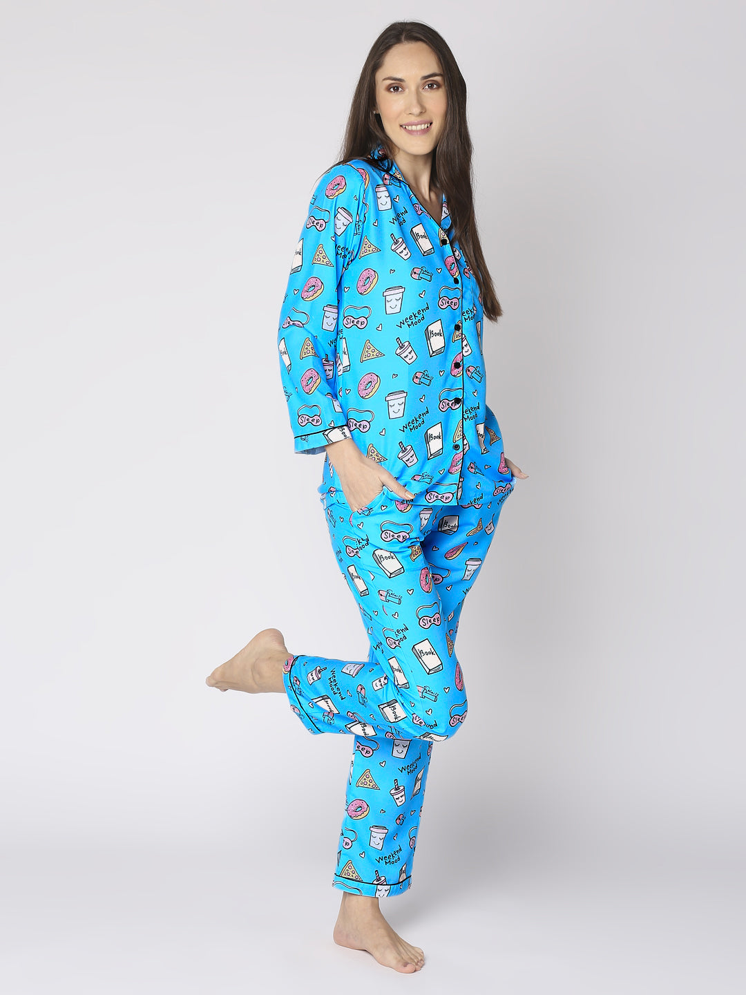 Weekend Mode Button Down Pj Set - Cotton Rayon Pj Set with Notched Collar