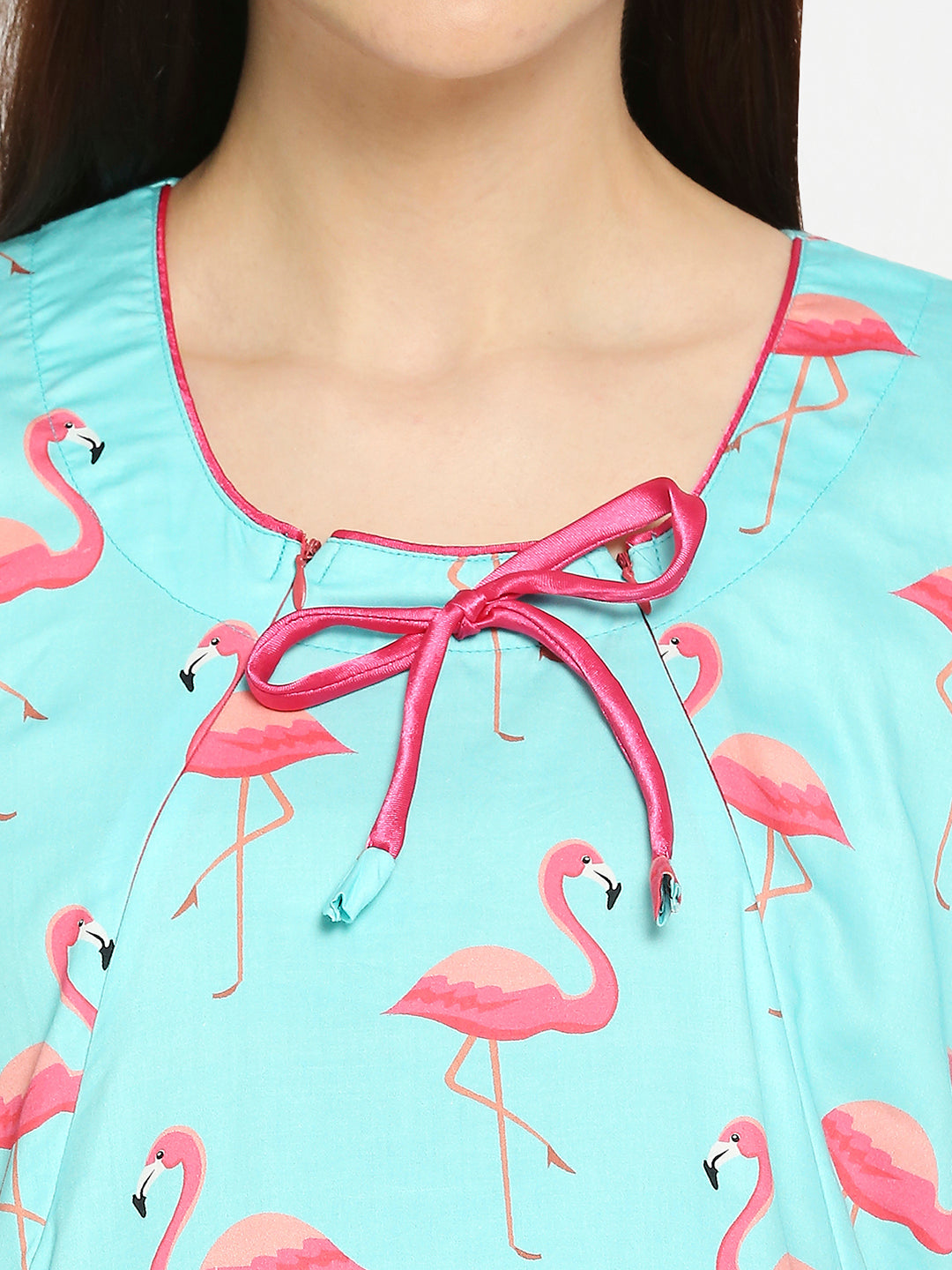 Pink Flamingo Maternity Gown - Pure Cotton Round Neck Gown with 2 Invisible Zips for Feeding