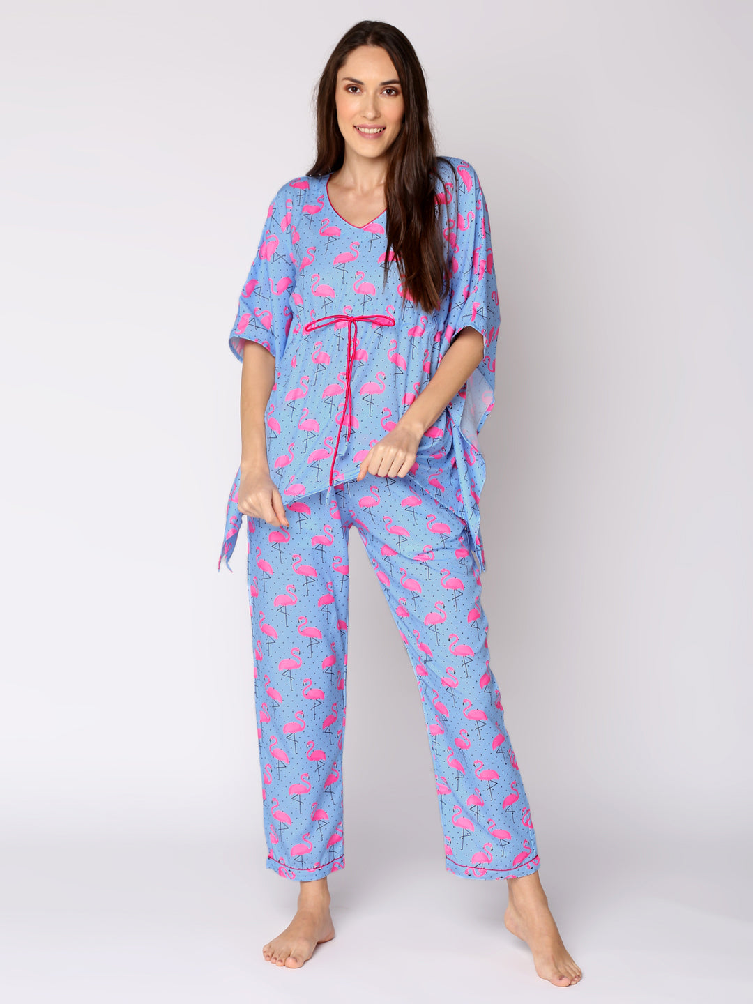 Flamingo & Dots Kaftan Pj Set - Cotton Rayon Pj Set in Kaftan Style
