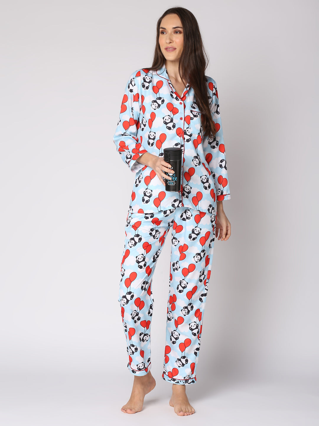Happy Panda Button Down Pj Set - Cotton Rayon Pj Set with Notched Collar