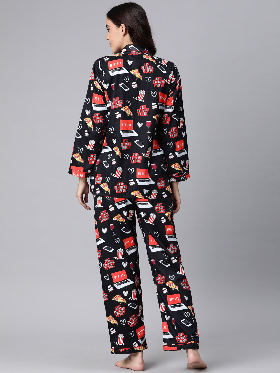 Netflix & Chill Button Down Pj Set - Pure Cotton Pj Set with Notched Collar