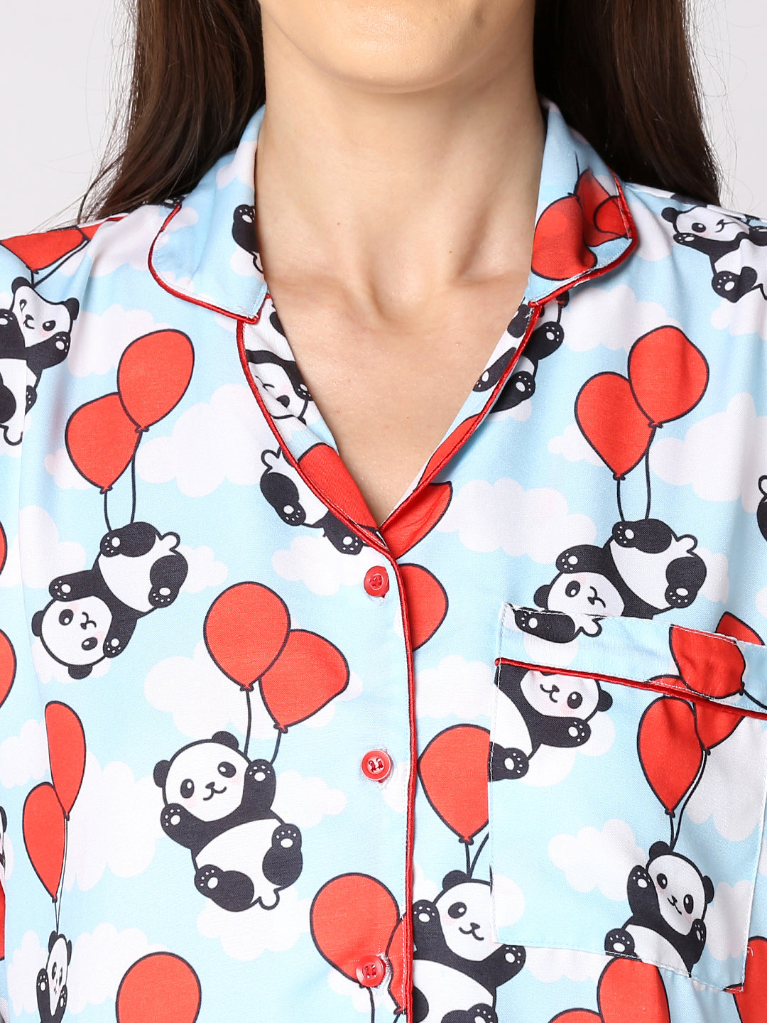Happy Panda Button Down Pj Set - Cotton Rayon Pj Set with Notched Collar