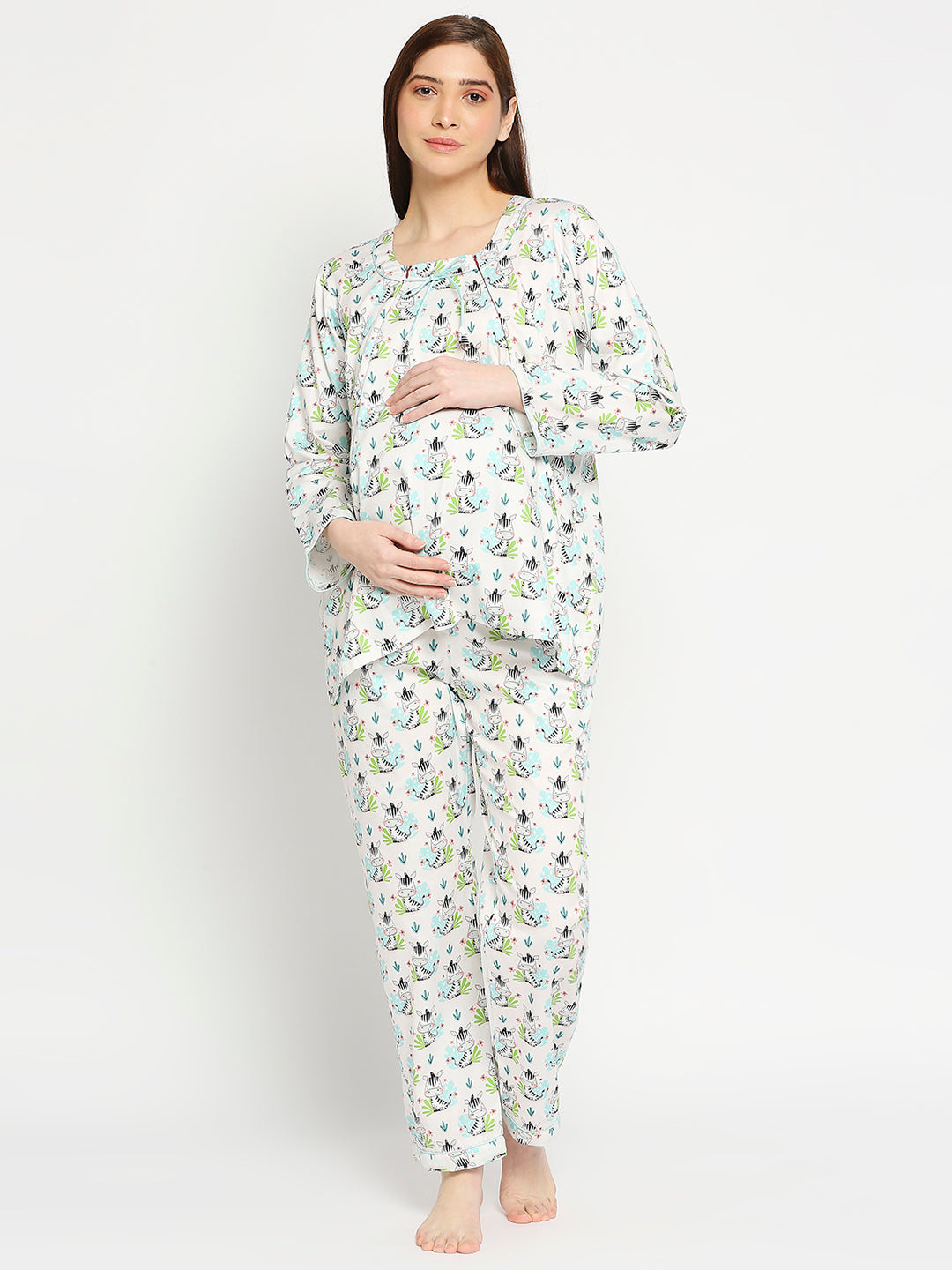 Baby Zee Maternity Pj Set - Pure Cotton Pj Set in Round Neck with 2 Invisible Zips for Feeding