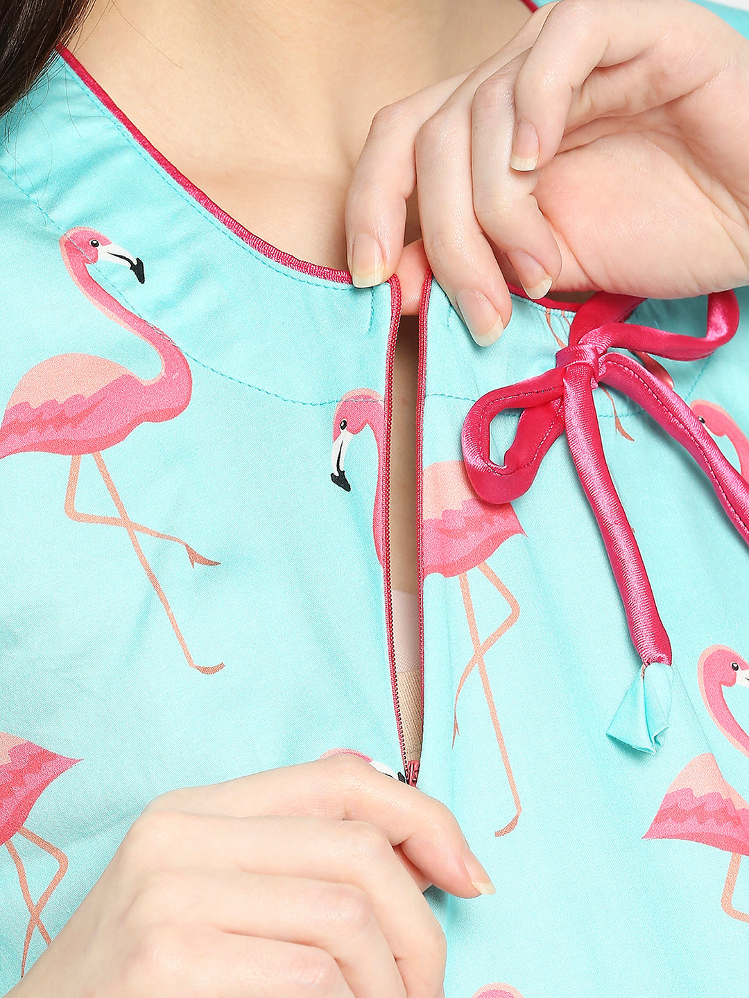 Pink Flamingo Maternity Gown - Pure Cotton Round Neck Gown with 2 Invisible Zips for Feeding