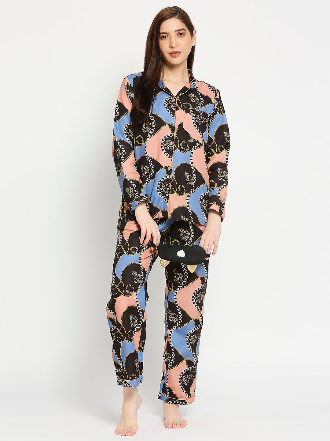 Gold Baroque Button Down Pj Set - Cotton Rayon Pj Set with Notched Collar