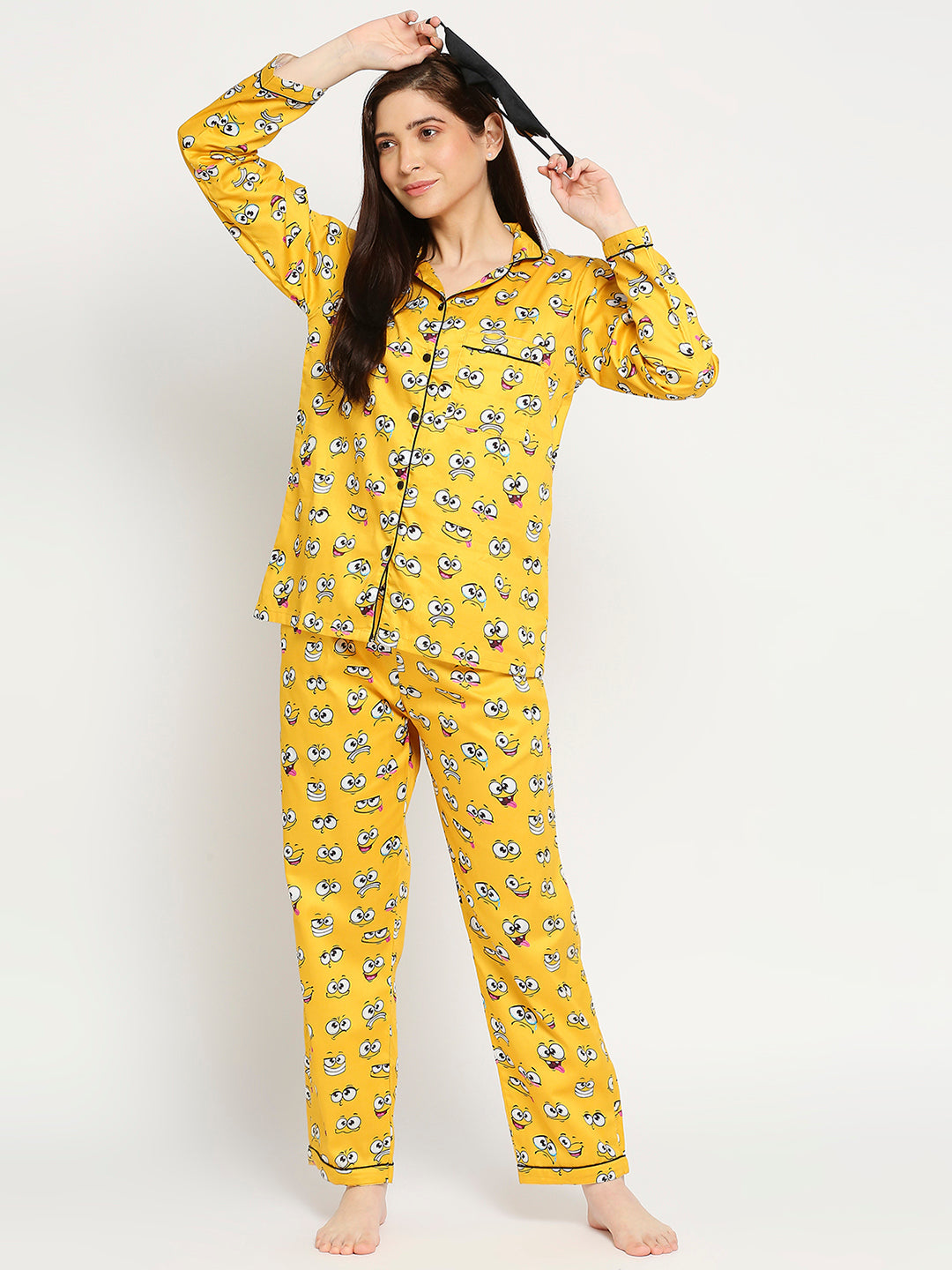 Smiley Button Down Pj Set - Pure Cotton Pj Set with Notched Collar