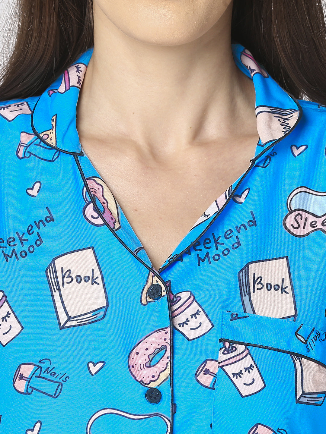 Weekend Mode Button Down Pj Set - Cotton Rayon Pj Set with Notched Collar